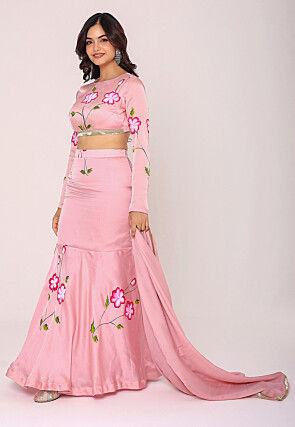 Hand Painted Satin Lehenga in Pink