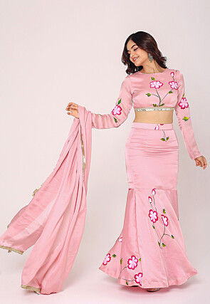 Hand Painted Satin Lehenga in Pink