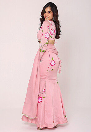 Hand Painted Satin Lehenga in Pink