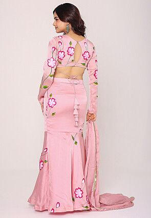 Hand Painted Satin Lehenga in Pink
