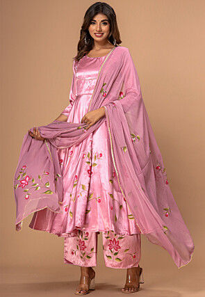 Hand Painted Satin Pakistani Suit in Pink