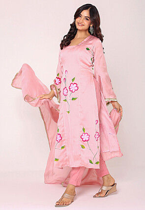 Hand Painted Satin Pakistani Suit in Pink