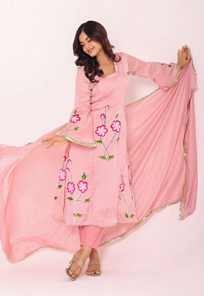 Hand Painted Satin Pakistani Suit in Pink