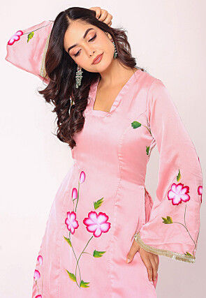 Hand Painted Satin Pakistani Suit in Pink