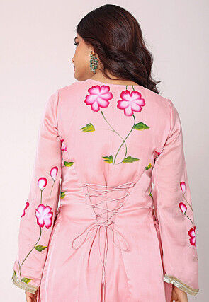 Hand Painted Satin Pakistani Suit in Pink