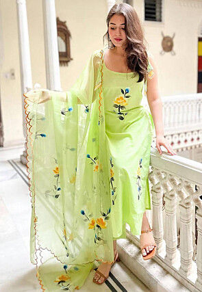 Hand Painted Viscose Silk Pakistani Suit in Light Green