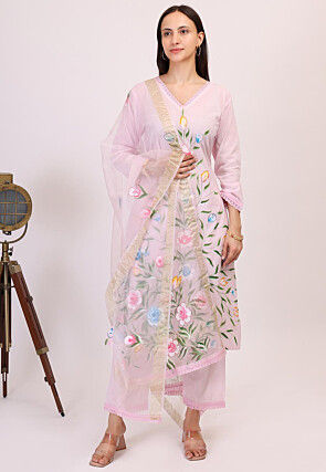 Hand Printed Cotton Pakistani Suit in Baby Pink