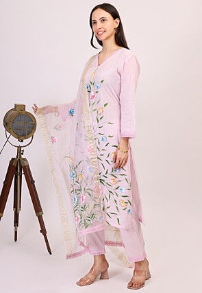 Hand Printed Cotton Pakistani Suit in Baby Pink