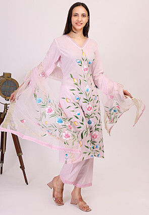 Hand Printed Cotton Pakistani Suit in Baby Pink