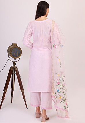 Hand Printed Cotton Pakistani Suit in Baby Pink