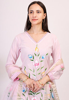 Hand Printed Cotton Pakistani Suit in Baby Pink