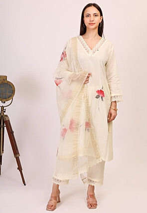 Hand Printed Cotton Pakistani Suit in Cream