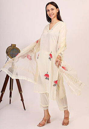 Hand Printed Cotton Pakistani Suit in Cream