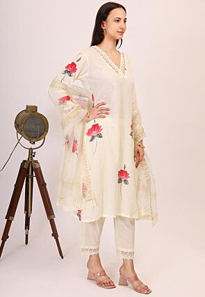 Hand Printed Cotton Pakistani Suit in Cream