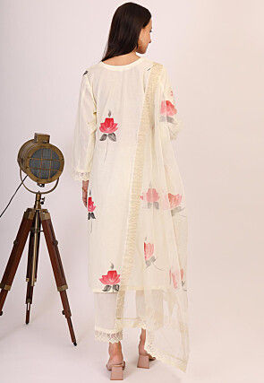 Hand Printed Cotton Pakistani Suit in Cream