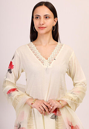 Hand Printed Cotton Pakistani Suit in Cream
