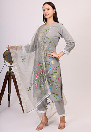 Hand Printed Cotton Pakistani Suit in Grey
