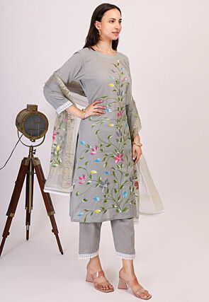 Hand Printed Cotton Pakistani Suit in Grey