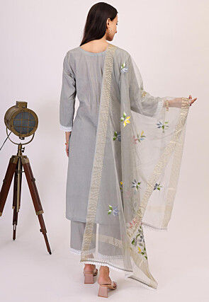 Hand Printed Cotton Pakistani Suit in Grey