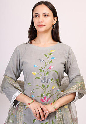 Hand Printed Cotton Pakistani Suit in Grey