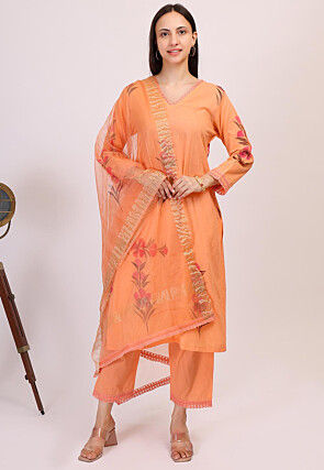 Hand Printed Cotton Pakistani Suit in Light Orange