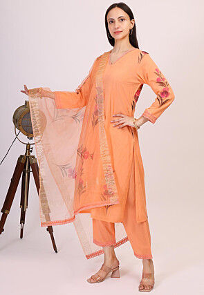 Hand Printed Cotton Pakistani Suit in Light Orange