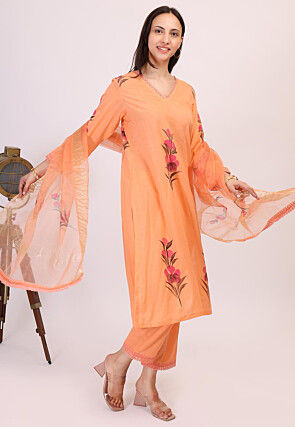 Hand Printed Cotton Pakistani Suit in Light Orange