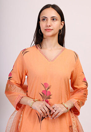 Hand Printed Cotton Pakistani Suit in Light Orange
