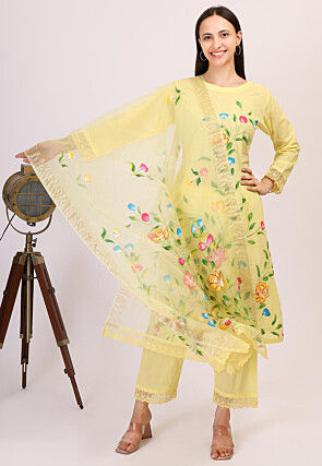 Hand Printed Cotton Pakistani Suit in Light Yellow