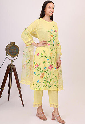 Hand Printed Cotton Pakistani Suit in Light Yellow