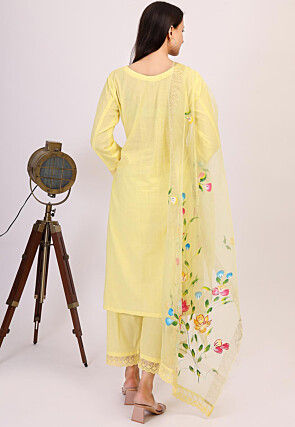 Hand Printed Cotton Pakistani Suit in Light Yellow