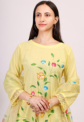 Hand Printed Cotton Pakistani Suit in Light Yellow
