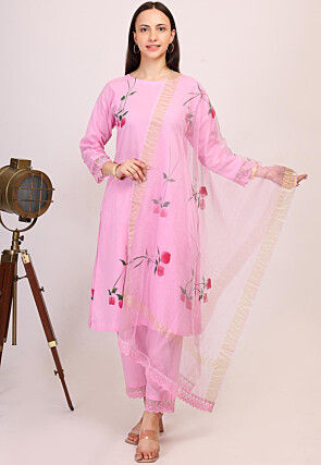 Hand Printed Cotton Pakistani Suit in Pink