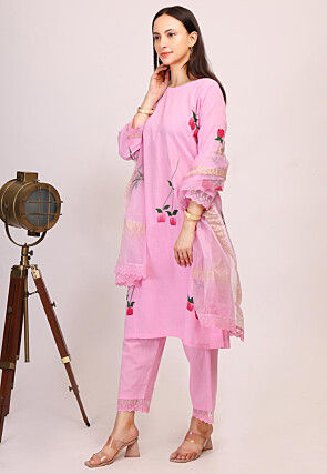 Hand Printed Cotton Pakistani Suit in Pink