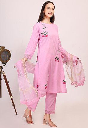 Hand Printed Cotton Pakistani Suit in Pink