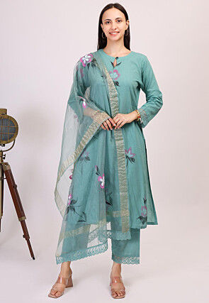 Hand Printed Cotton Pakistani Suit in Teal Green