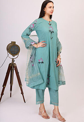 Hand Printed Cotton Pakistani Suit in Teal Green