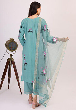 Hand Printed Cotton Pakistani Suit in Teal Green