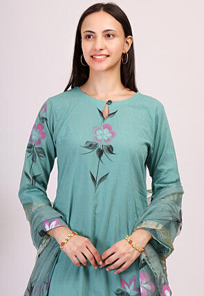 Hand Printed Cotton Pakistani Suit in Teal Green
