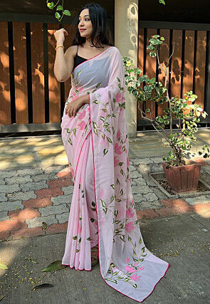 Hand Printed Georgette Saree in Baby Pink