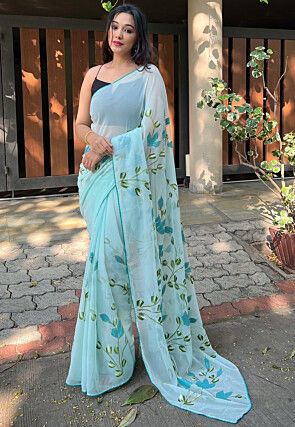 Hand Printed Georgette Saree in Light Blue