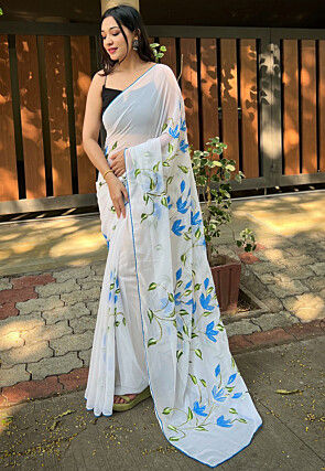 Hand Printed Georgette Saree in Off White