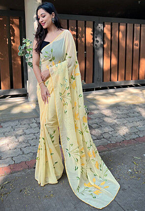 Hand Printed Georgette Saree in Yellow