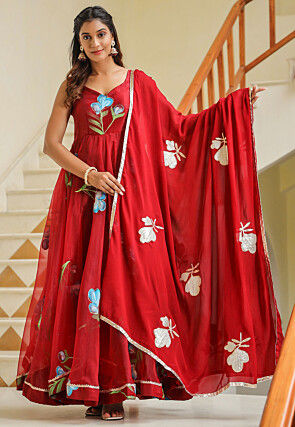 Hand Printed Organza Abaya Style Suit in Red