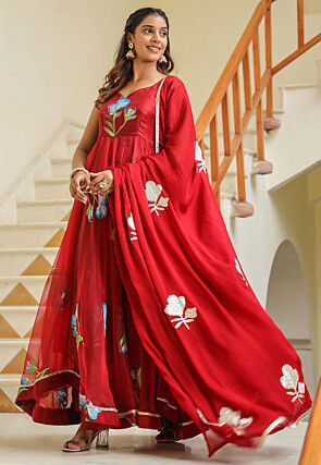 Hand Printed Organza Abaya Style Suit in Red