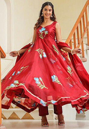 Hand Printed Organza Abaya Style Suit in Red