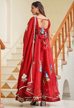 Hand Printed Organza Abaya Style Suit in Red