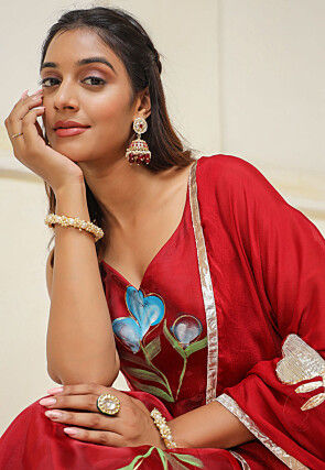 Hand Printed Organza Abaya Style Suit in Red