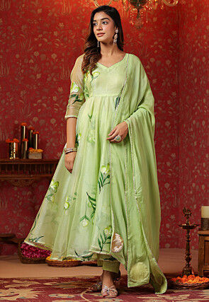 Hand Printed Organza Aline Suit in Light Green