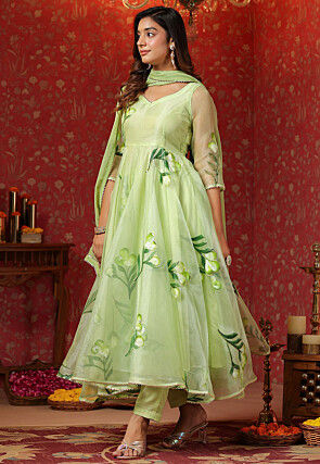 Hand Printed Organza Aline Suit in Light Green